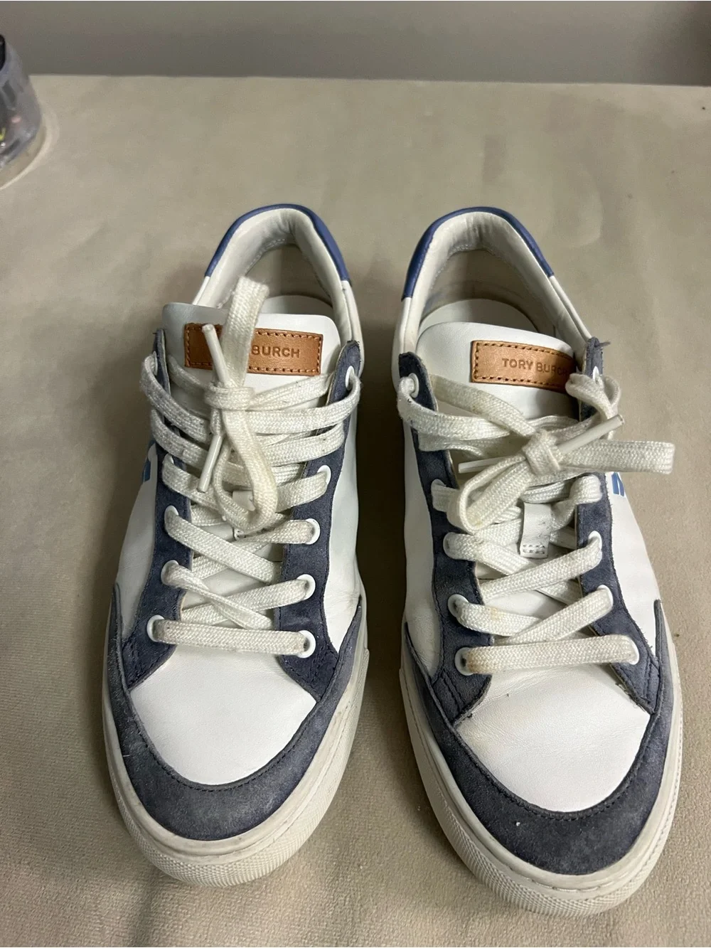 💙 Tory Burch Howell Court Leather Suede Sneakers White Navy Size 8M